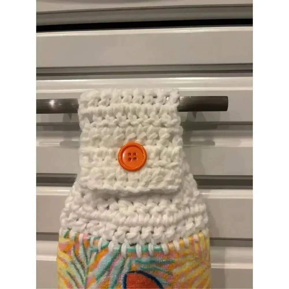 Crochet Top Kitchen Towel-Minnie mouse orange button white top